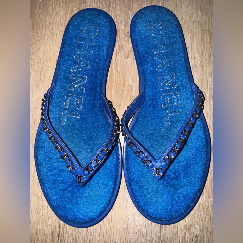 CHANEL Blue Terry Pool Flip Flops Sandals